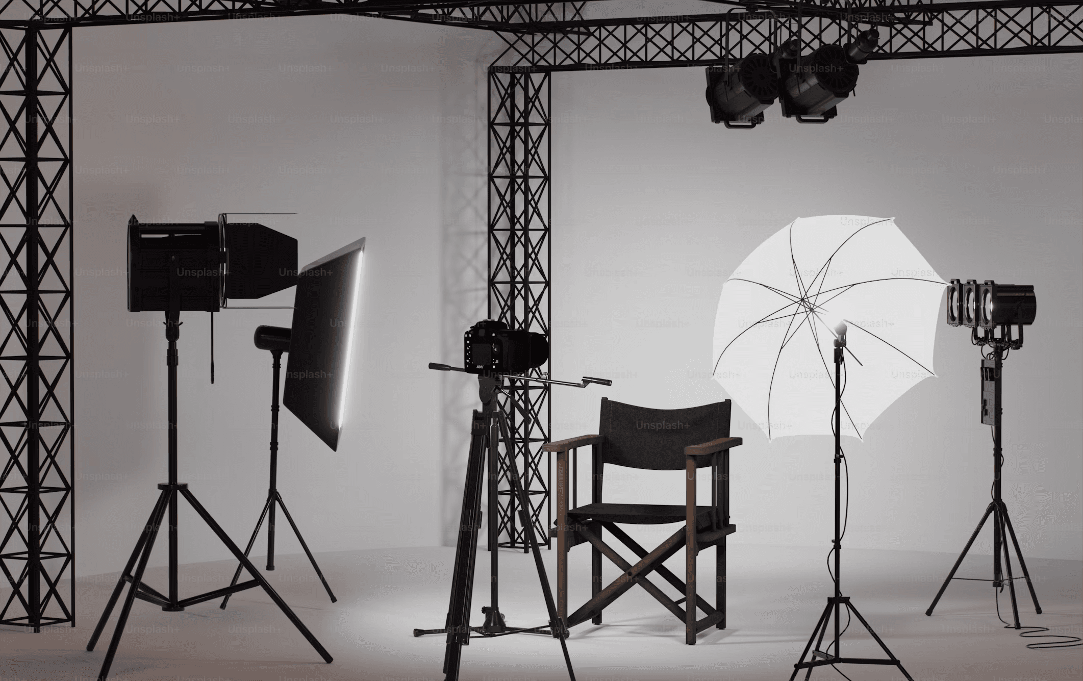 A studio set up with lights and a camera for recording