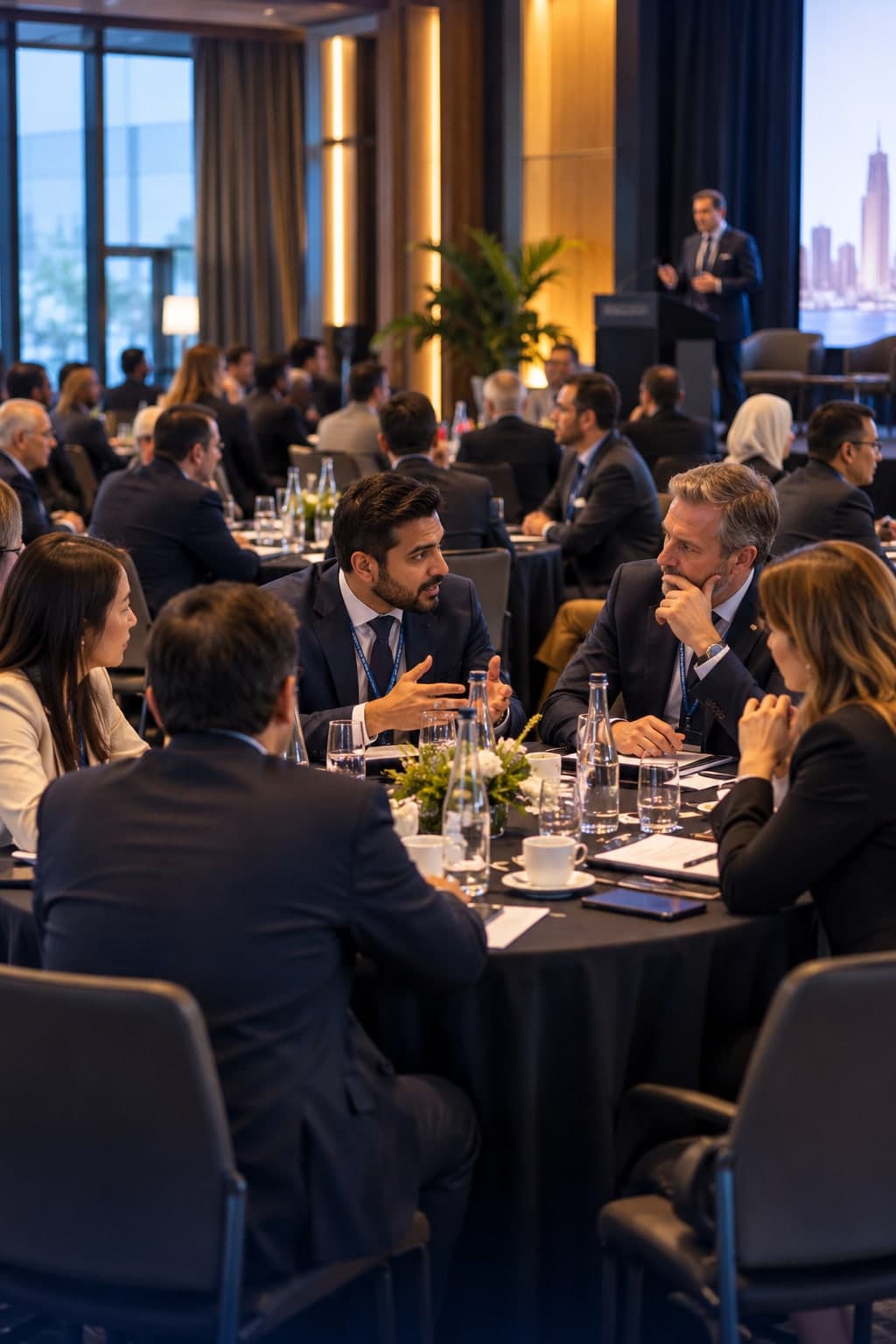 Business leaders seated at round tables in a forum hall