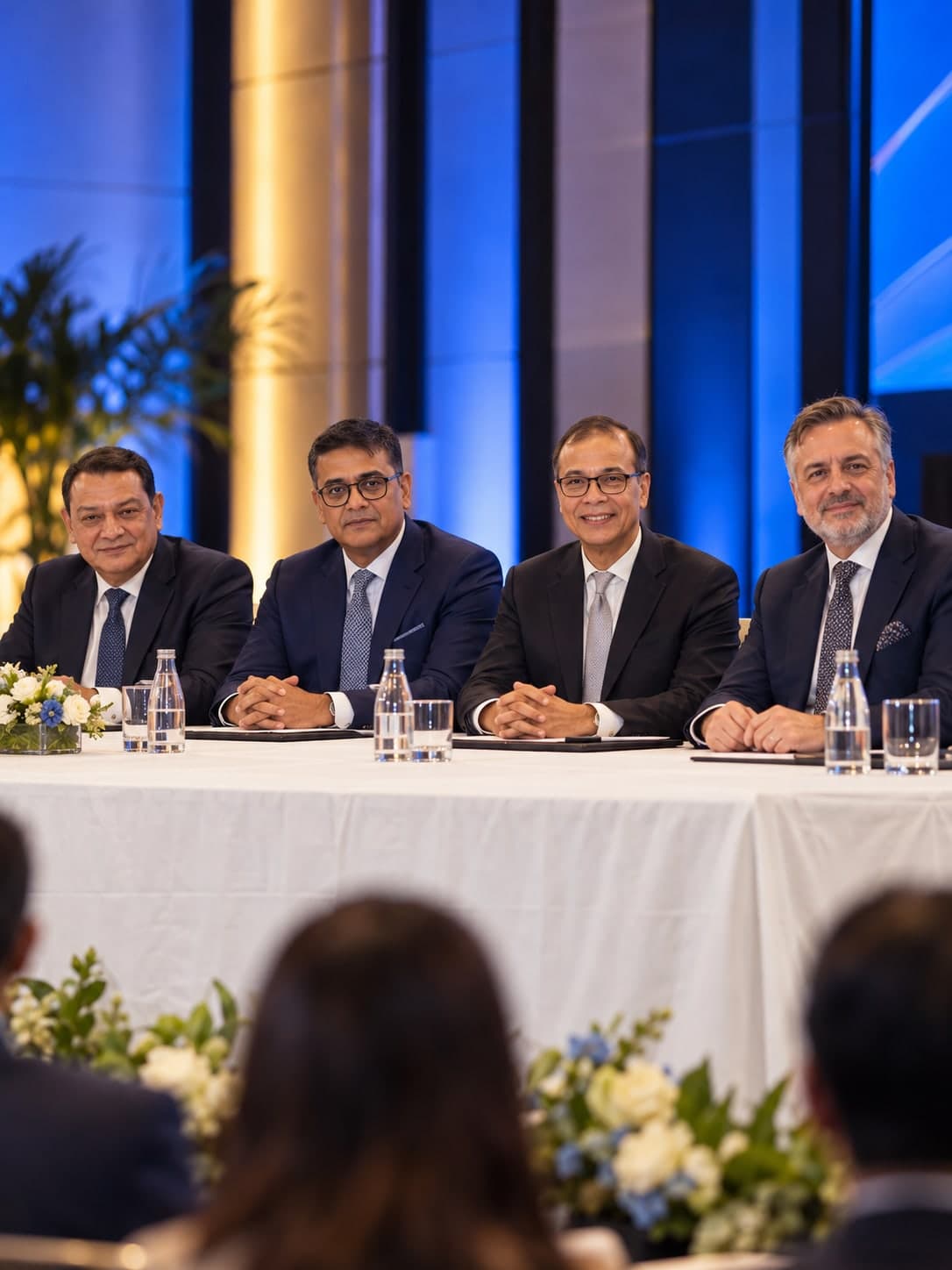 An entrepreneur in conversation with colleagues at a business event