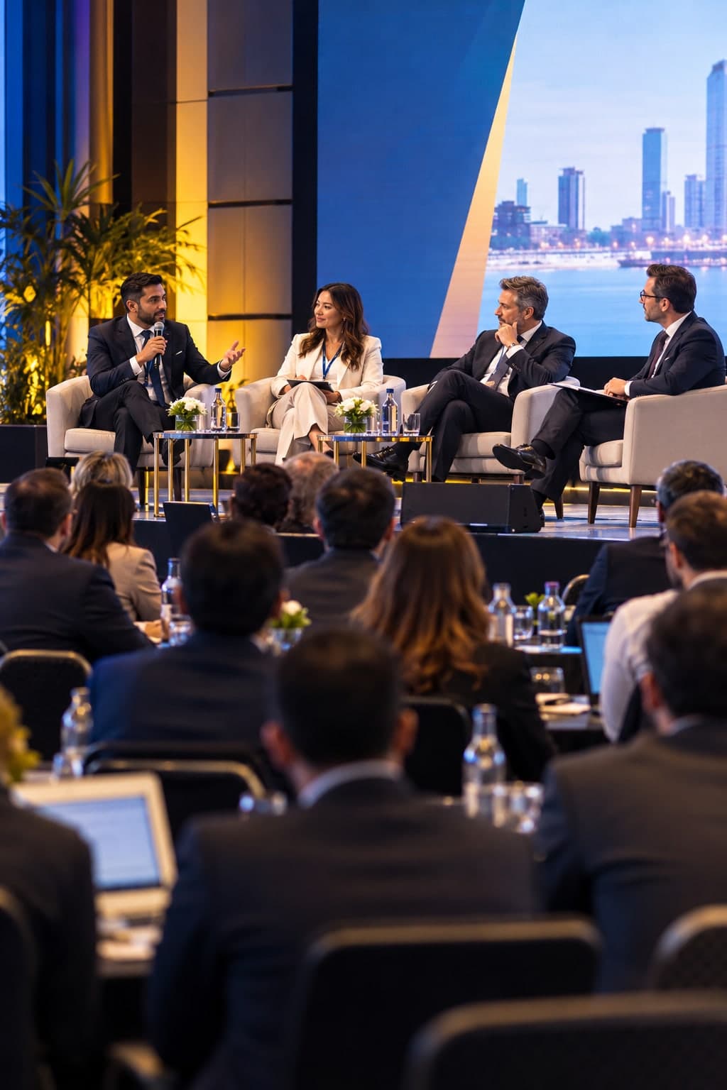 Professionals listening to a panel discussion at a business event