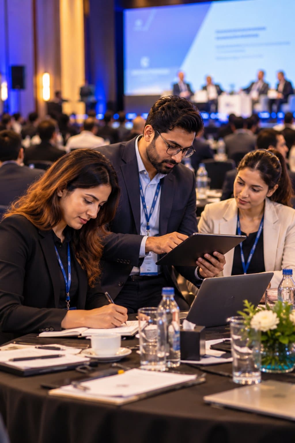 A small business team reviewing plans on a tablet at a business forum