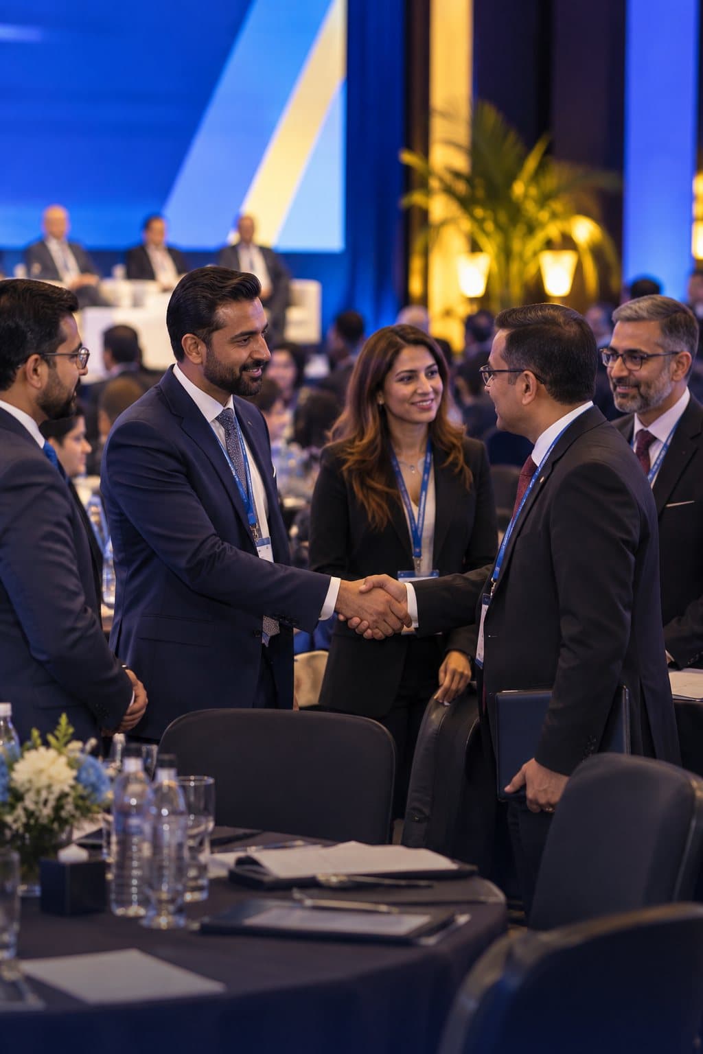 Two business people shaking hands as delegates meet at a forum