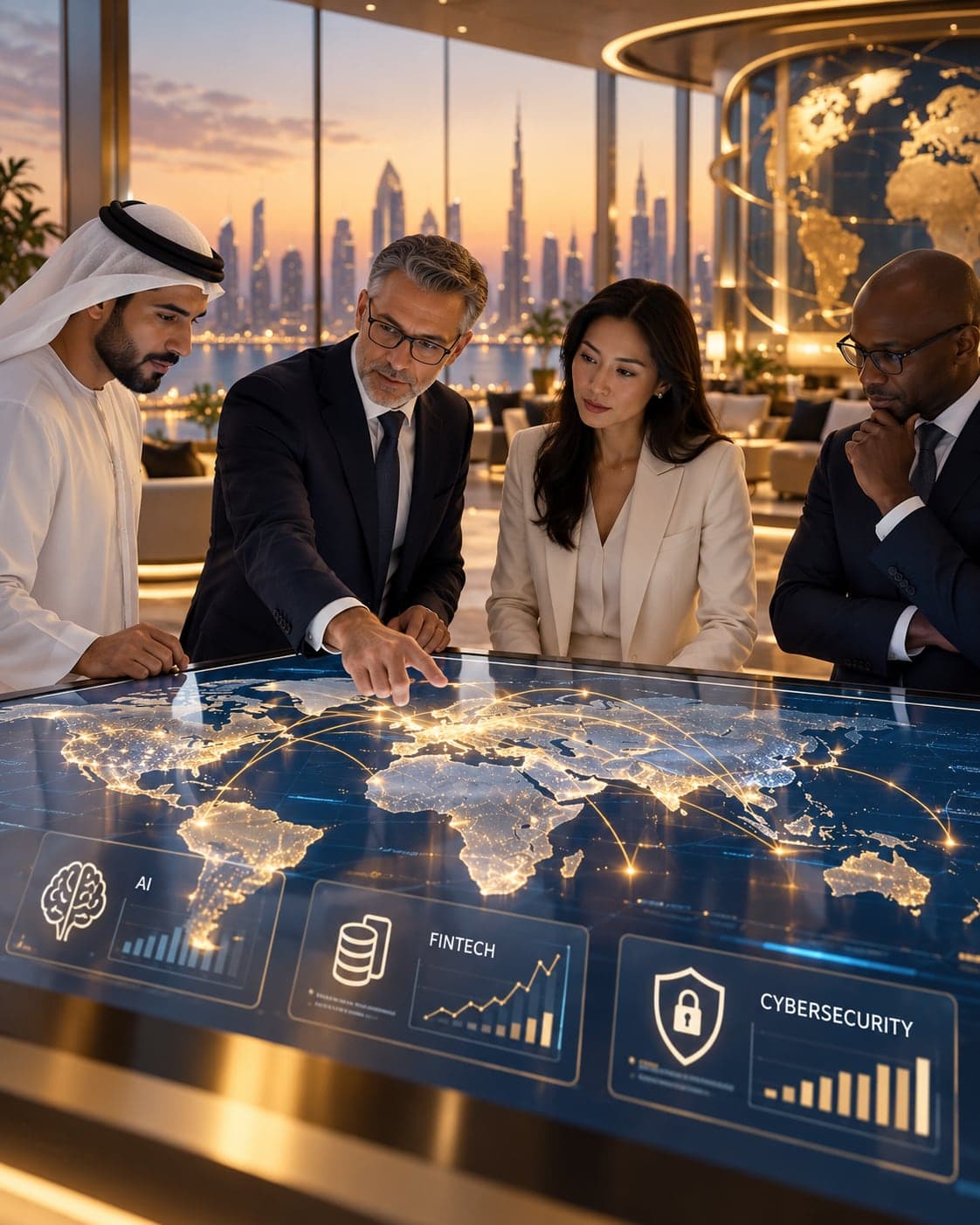 Business leaders exploring new technologies around an interactive display