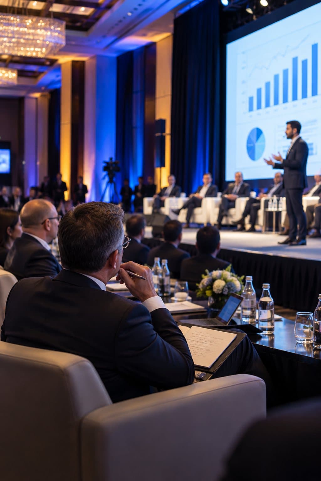 A founder presenting growth figures to investors from a stage