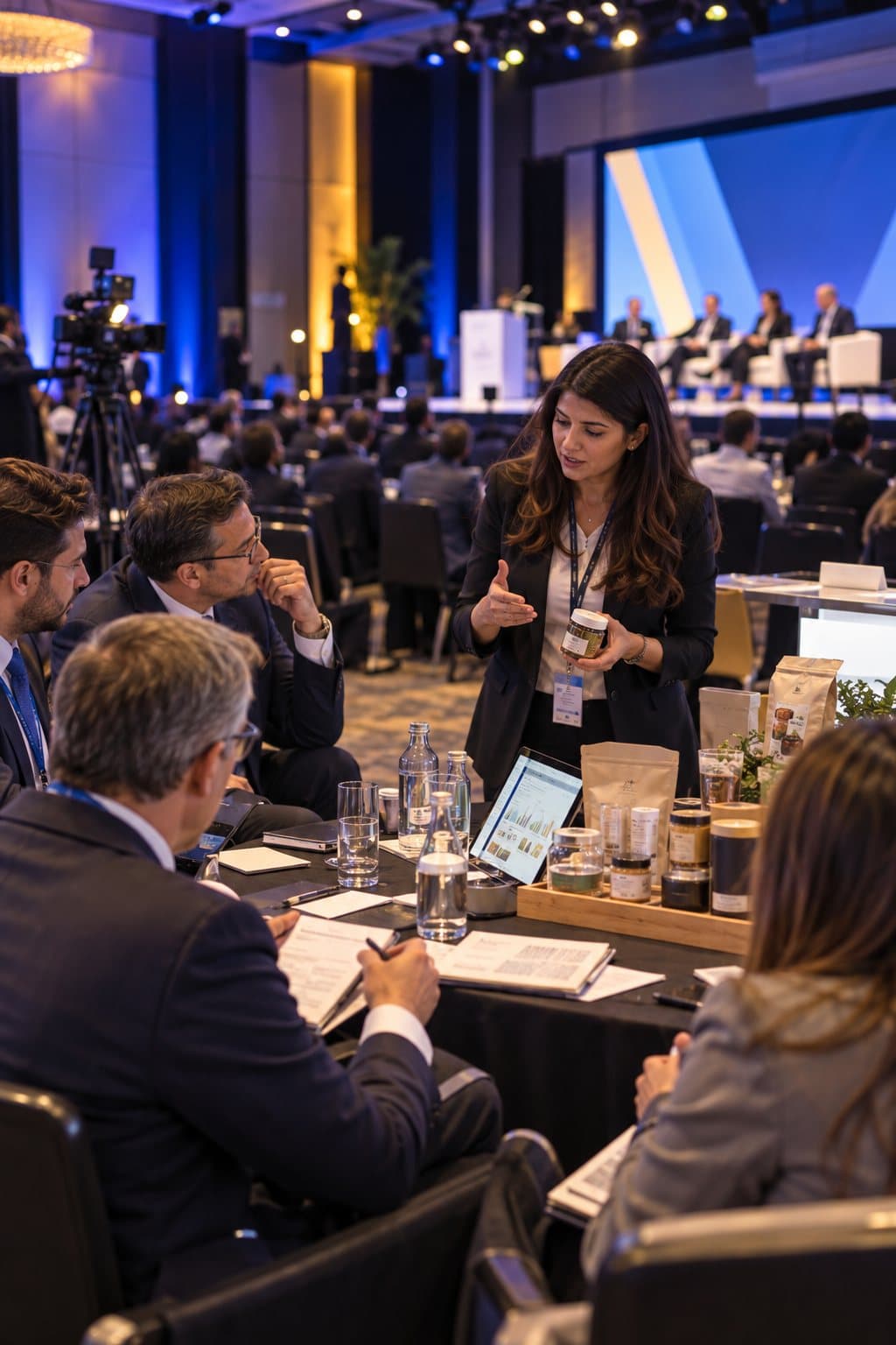 A business owner presenting product samples to buyers at a table