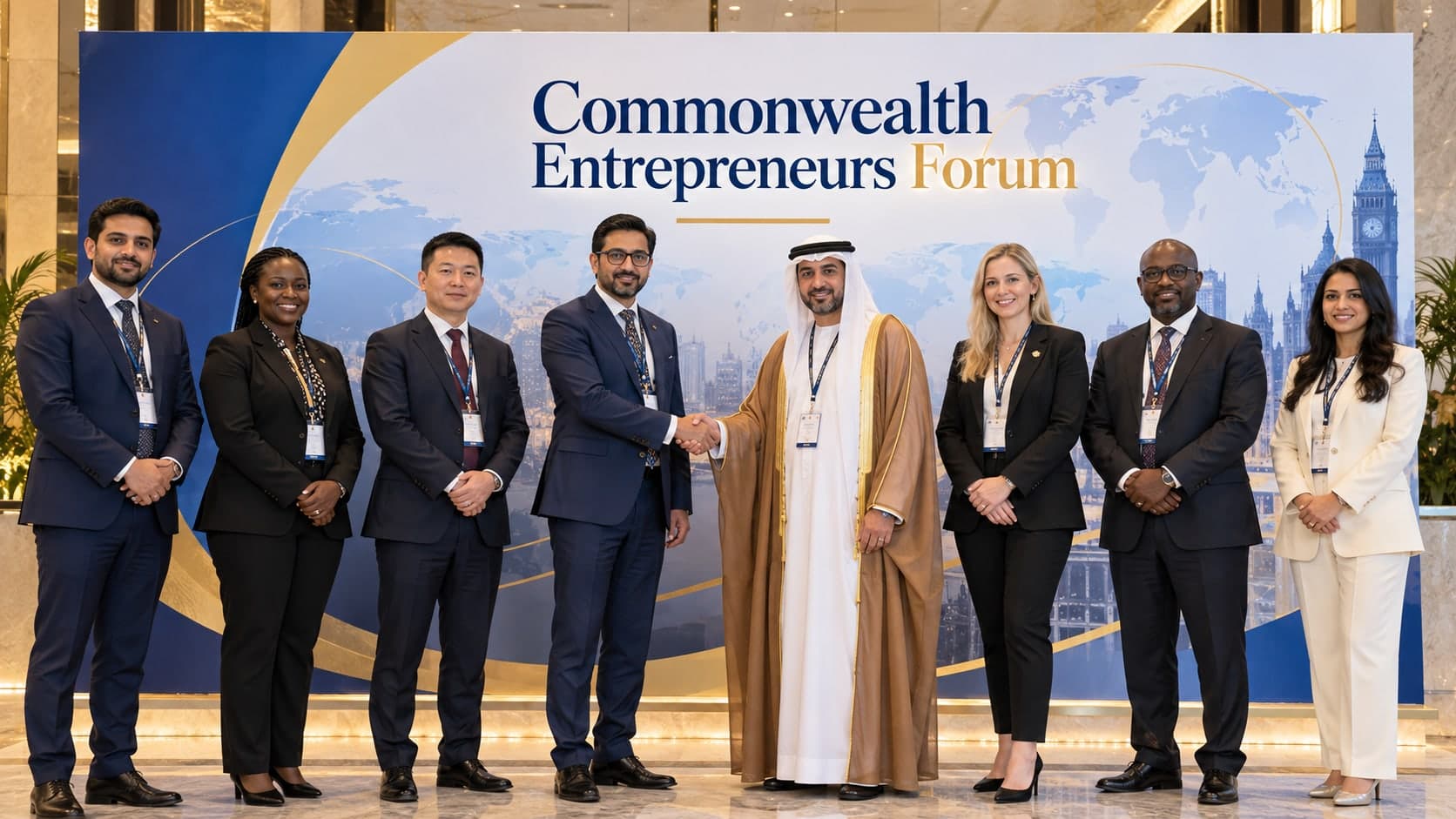 Delegates from many countries together in front of the Commonwealth Entrepreneurs Forum backdrop