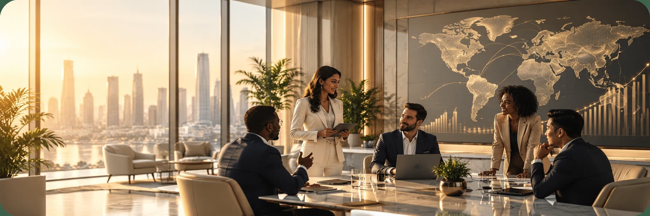 Entrepreneurs at work in a bright office overlooking the city, a world map on the wall