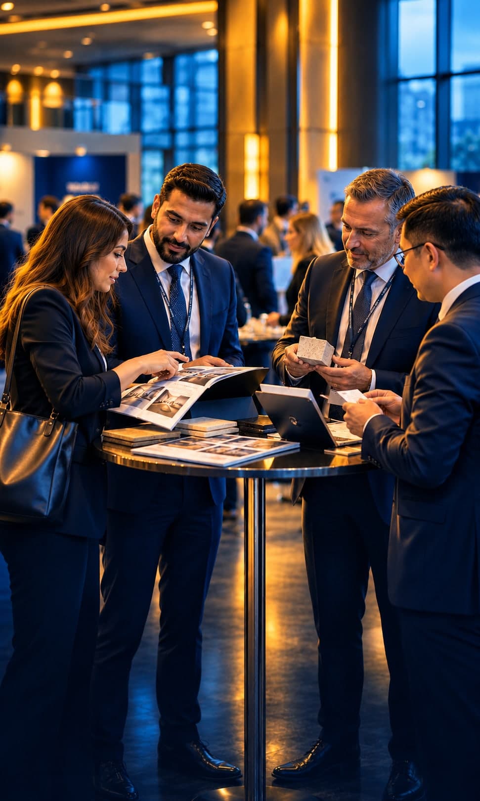 Business people meeting around a high table at a matchmaking session