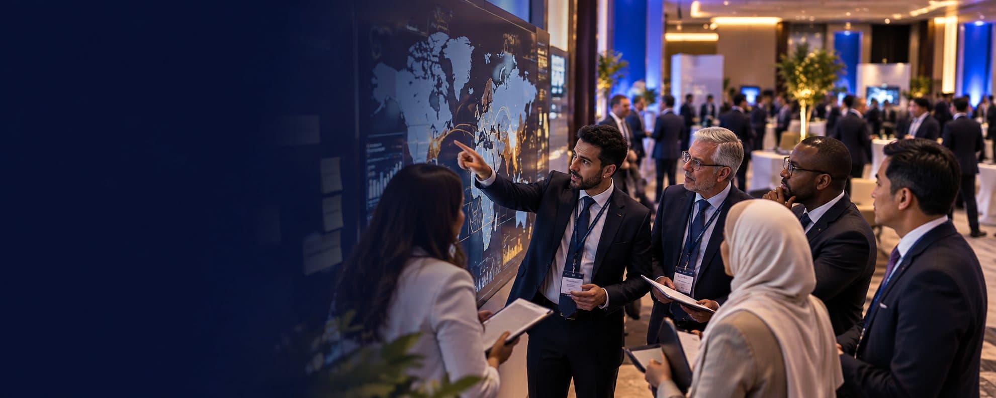 Advisers in conversation in front of a world map display