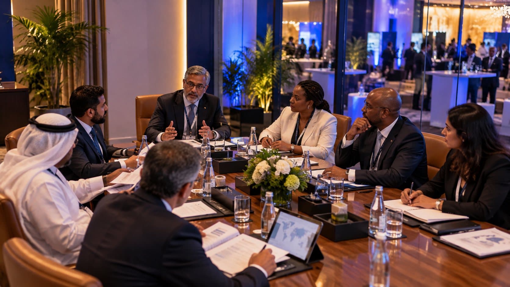 Leaders in discussion around a boardroom table at a forum