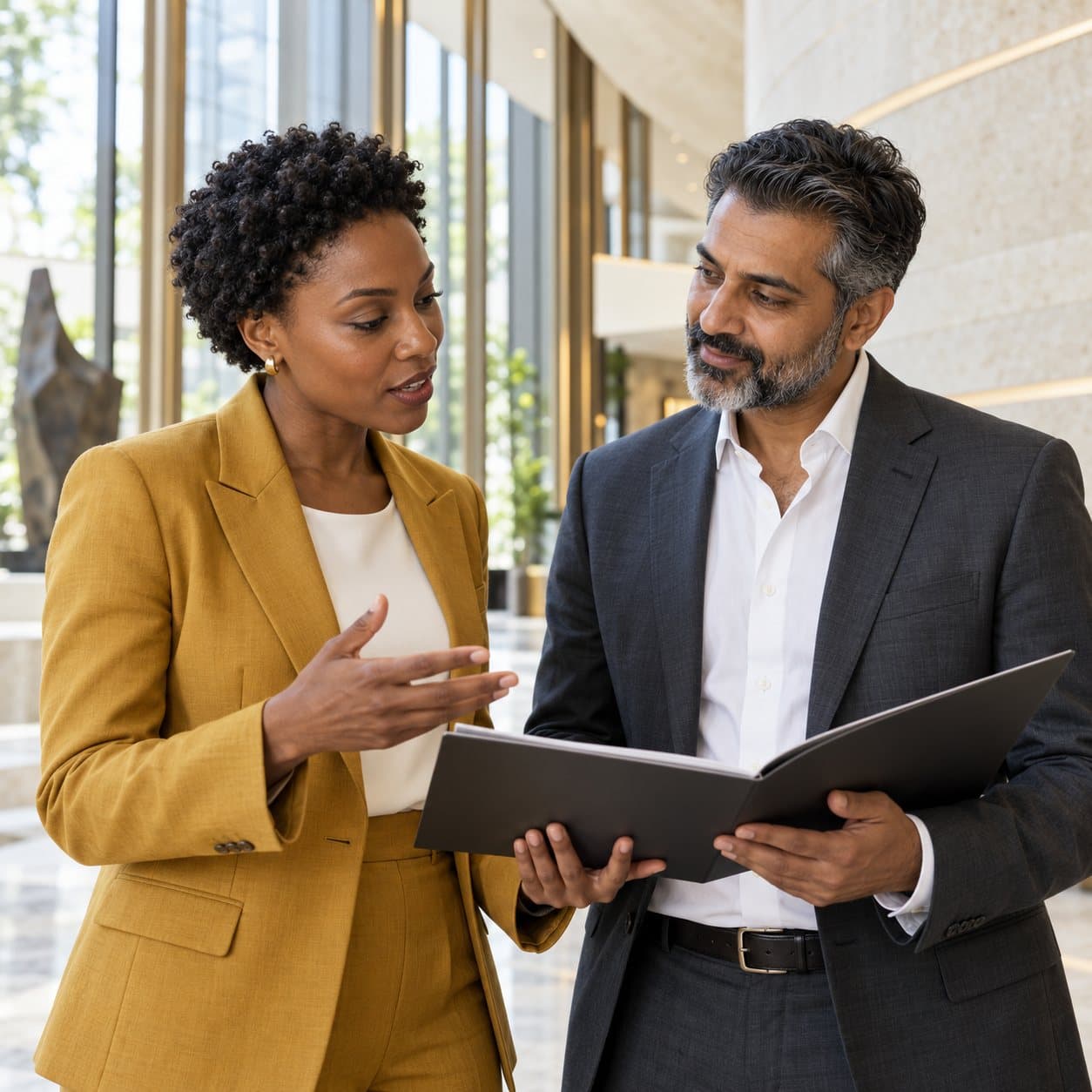 Two business partners reviewing a document in a lobby