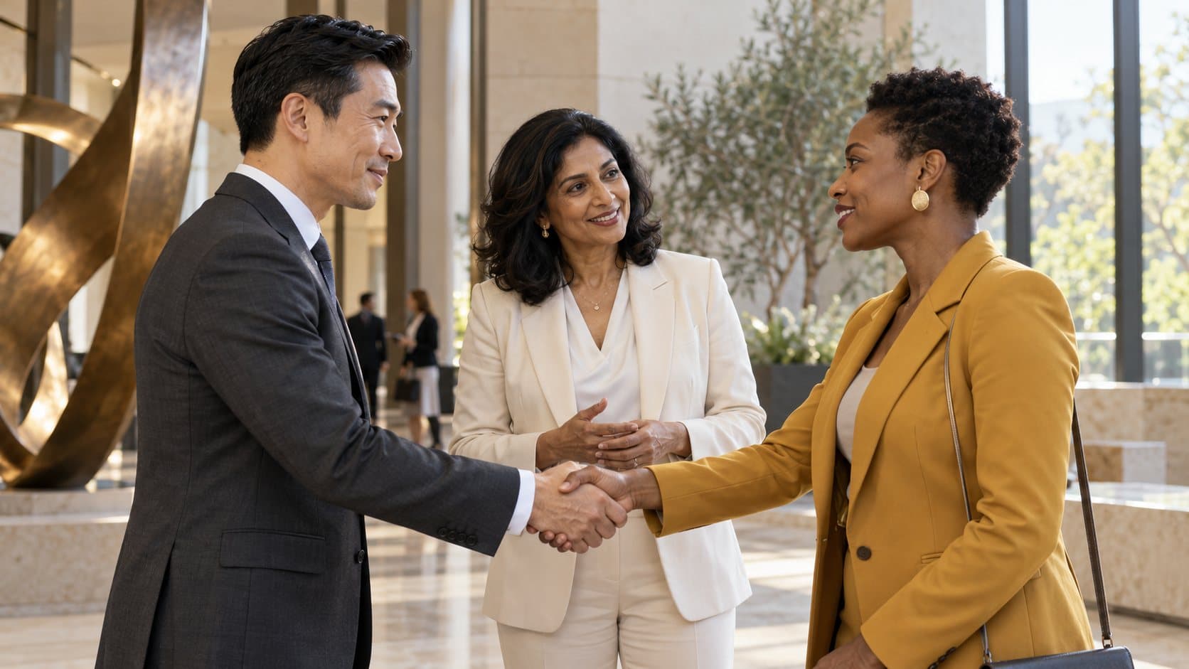 A facilitated introduction ending in a handshake