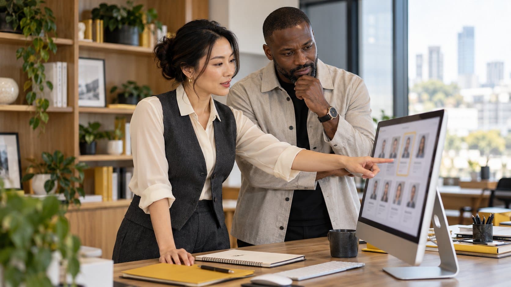 Two colleagues reviewing matched profiles on a screen