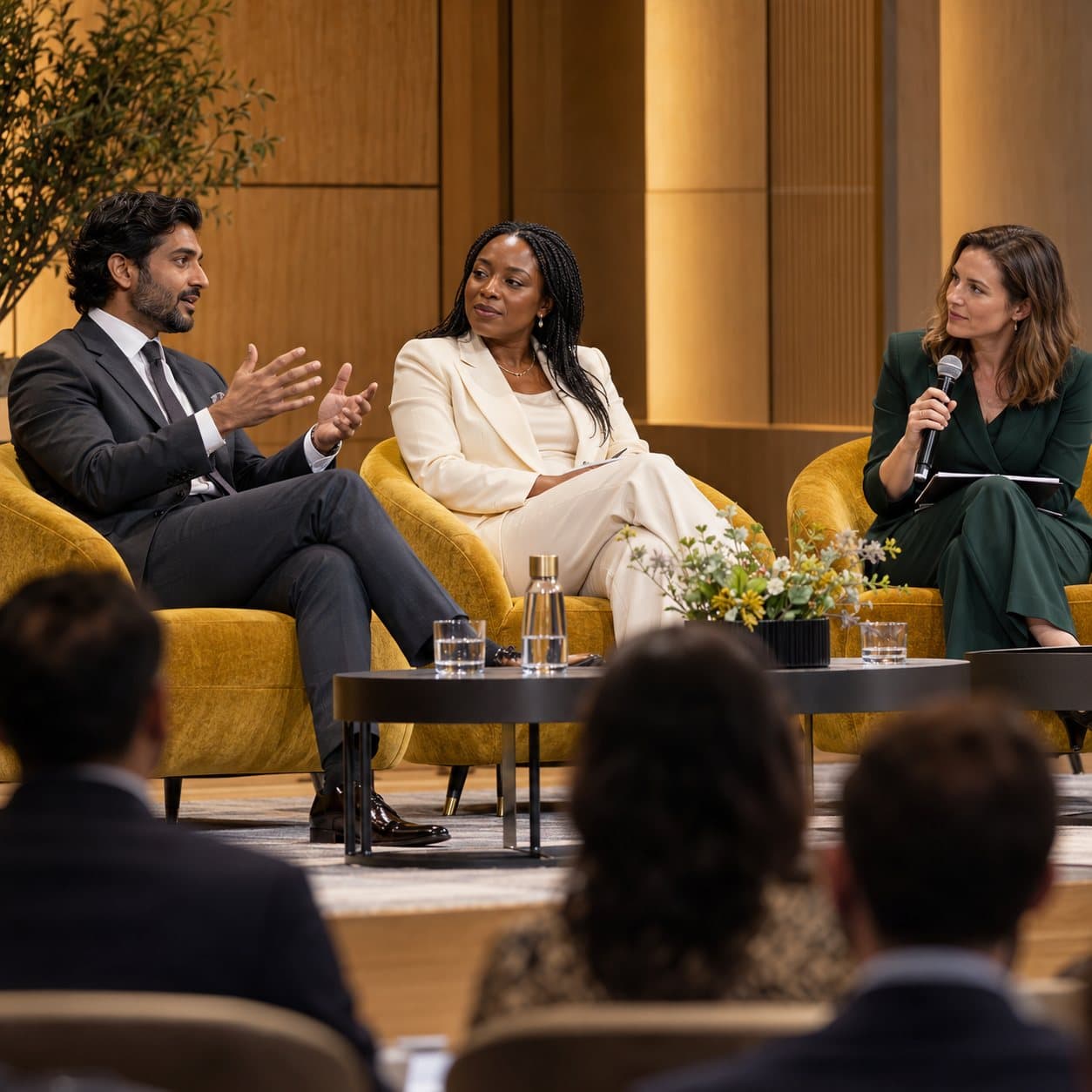A panel discussion before an audience at a business forum