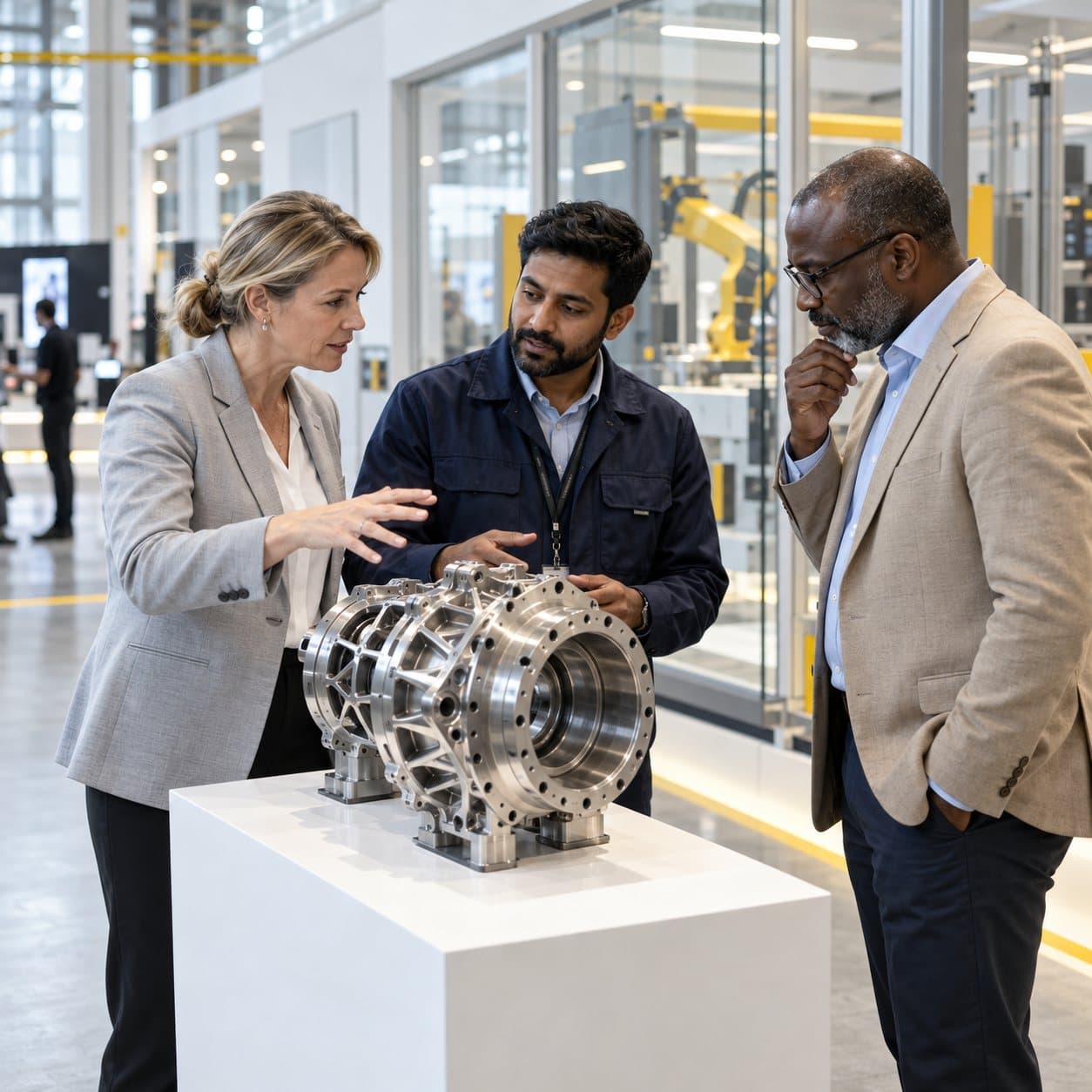 Industry leaders examining a new component on a factory visit