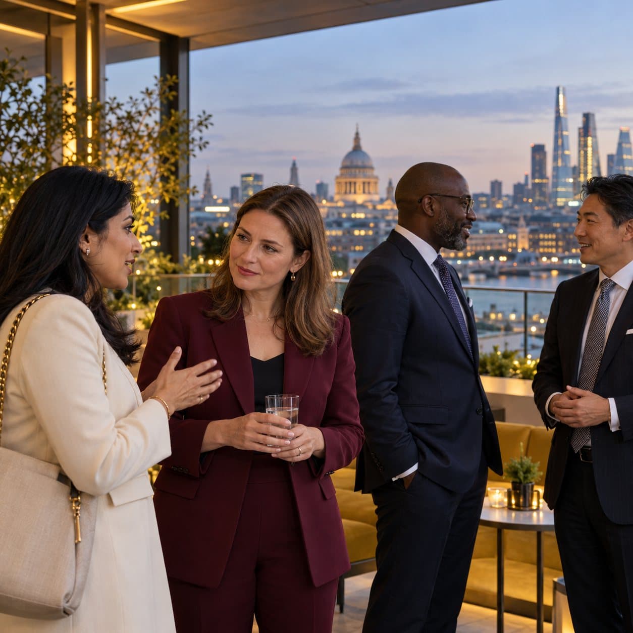 Guests talking at a rooftop reception overlooking the city