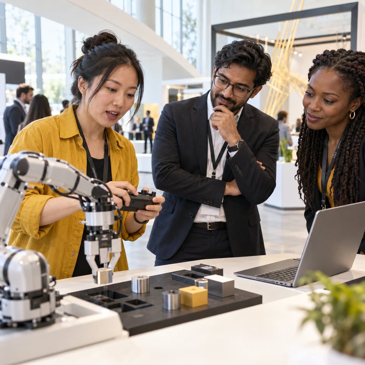 A founder demonstrating a robotic arm at an innovation event