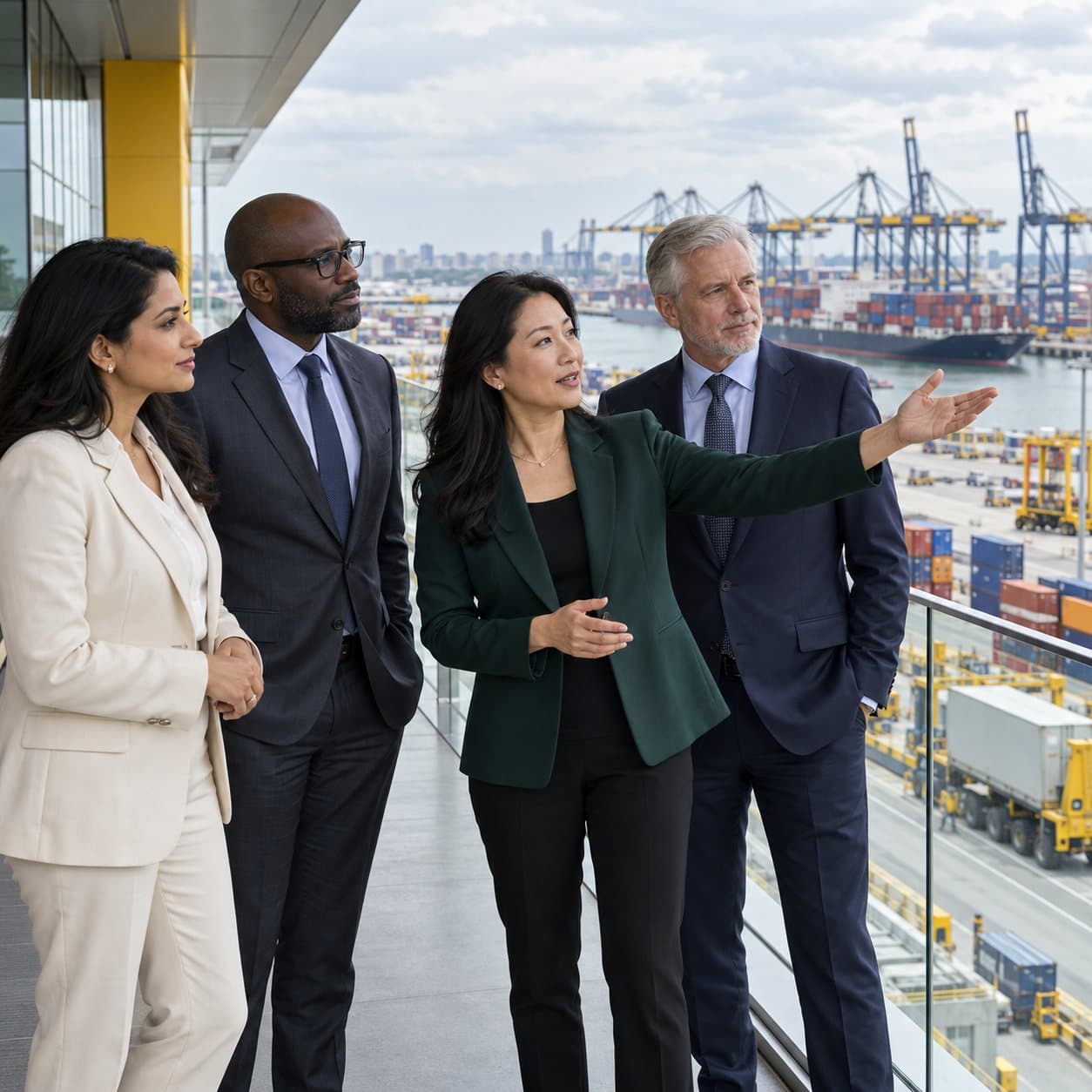 A delegation viewing a container port during a trade mission