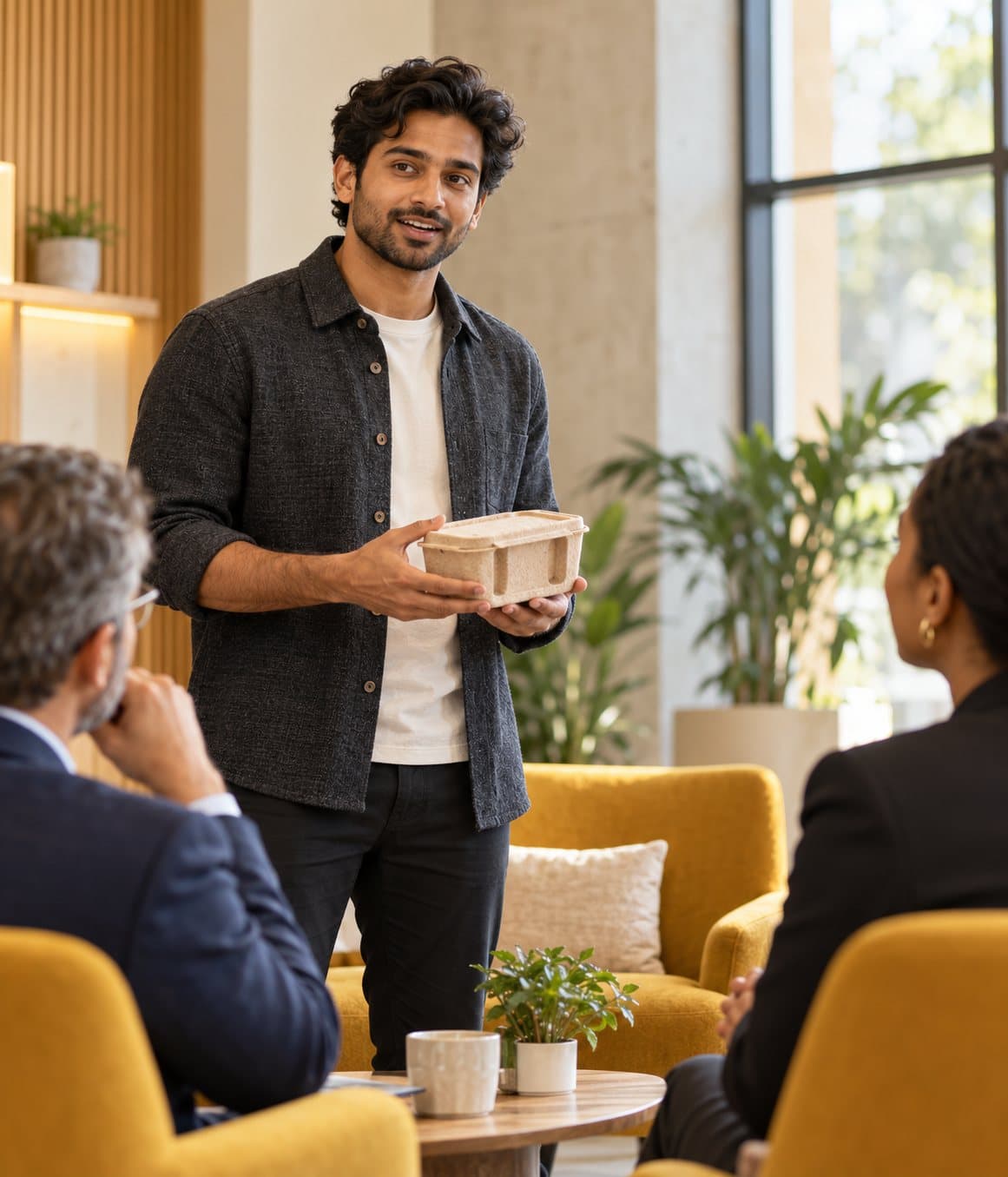 A founder presenting a product to seated investors
