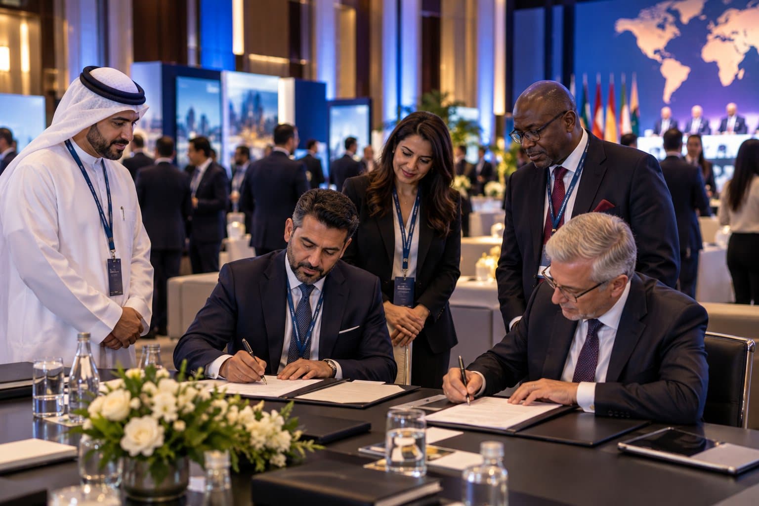 Corporate leaders signing an agreement at a forum