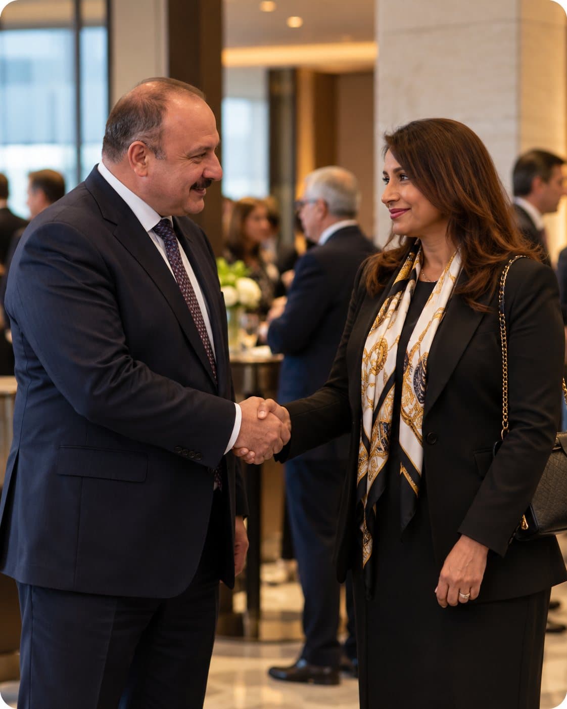 Two partners greeting each other at a business reception