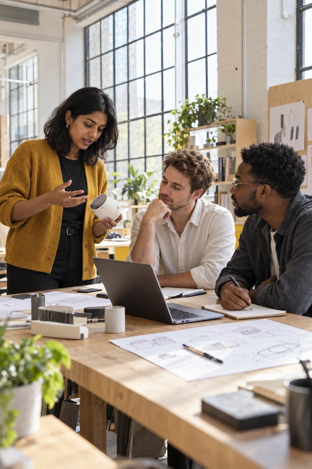 A founder presenting a prototype to her team