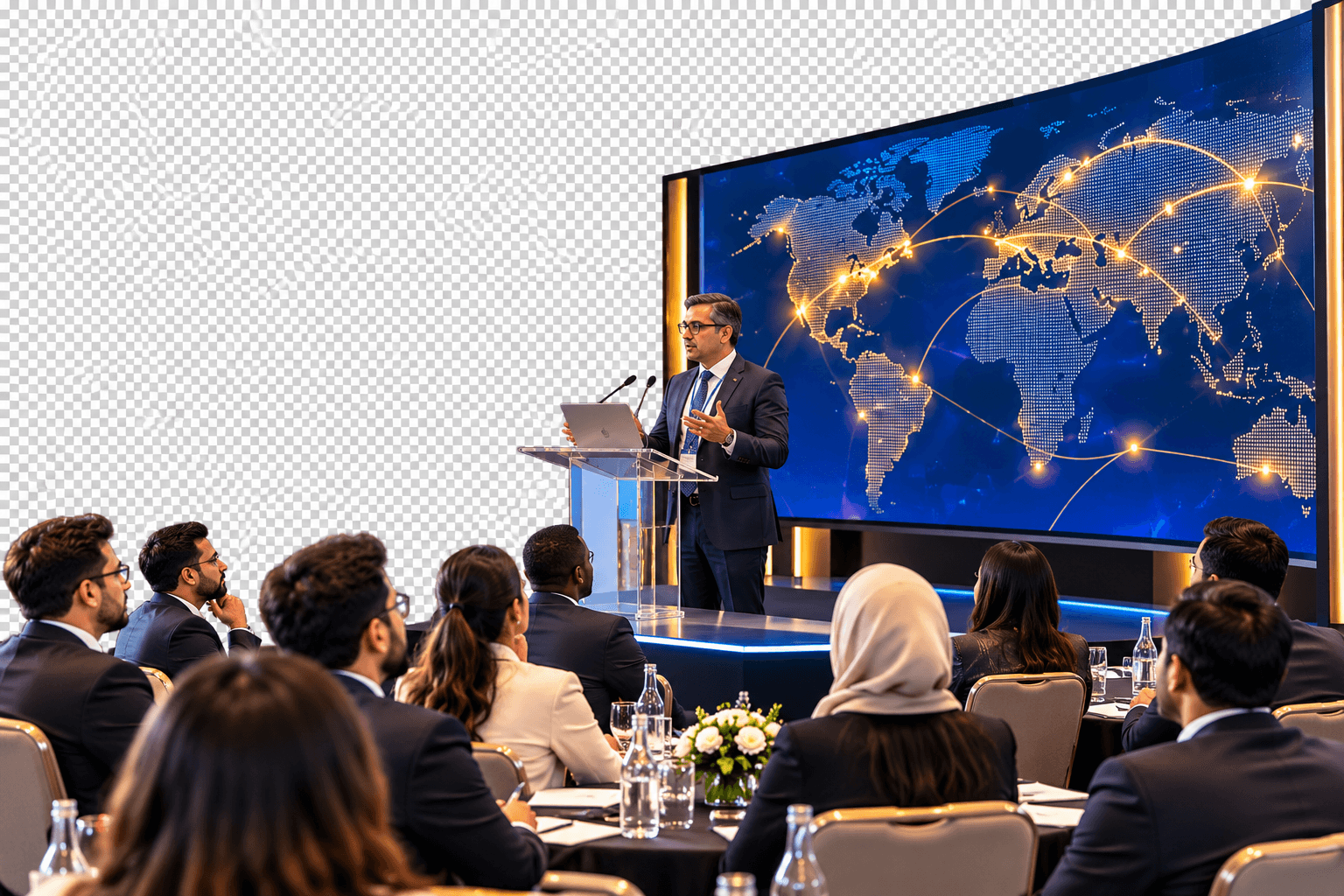 A speaker presenting a map of global connections to delegates