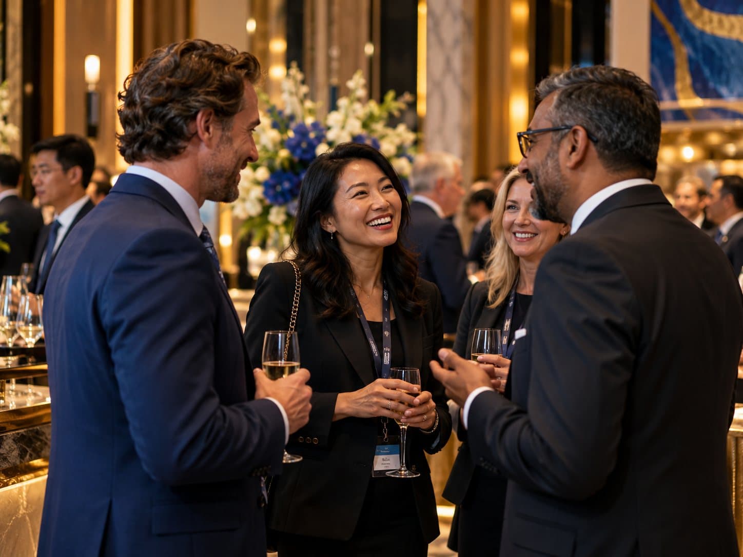 Guests networking at an evening reception