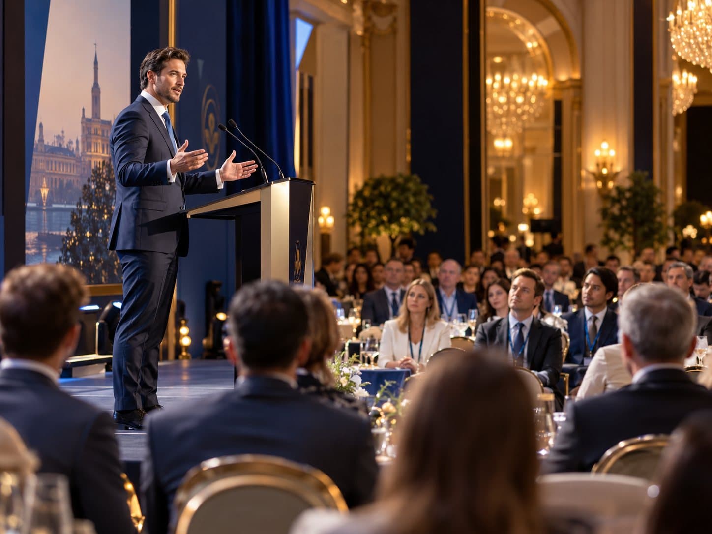 A speaker addressing a large business audience