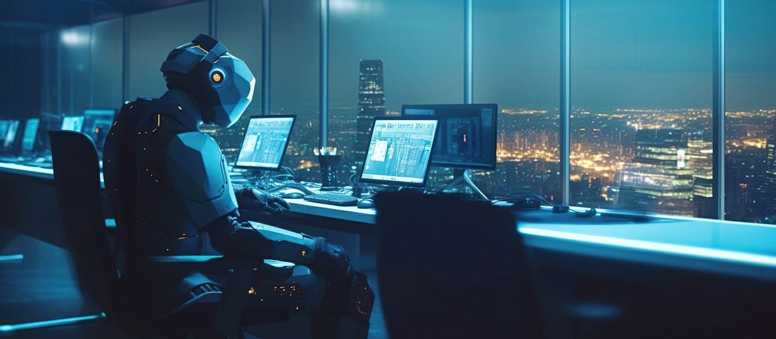 A robot working at a computer in an office at night