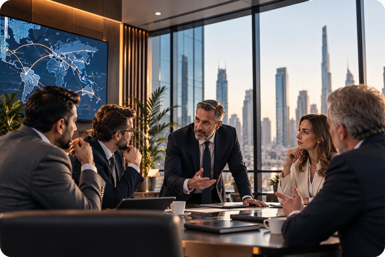 Corporate executives in discussion around a meeting table