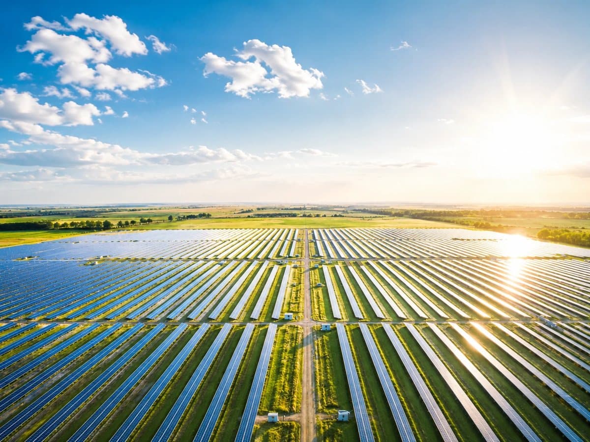 A large solar farm under a bright sky