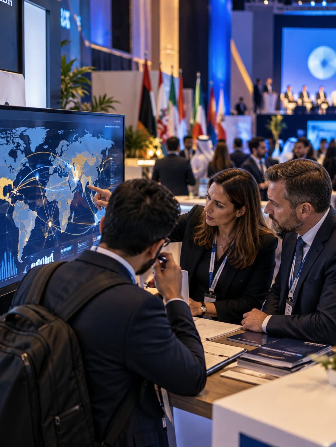 Entrepreneurs studying a world map of markets at a business forum