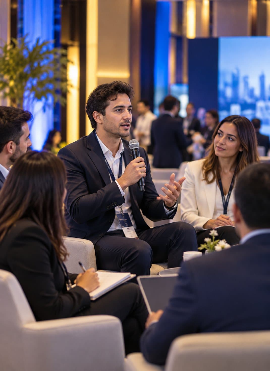 Entrepreneurs in discussion at a summit