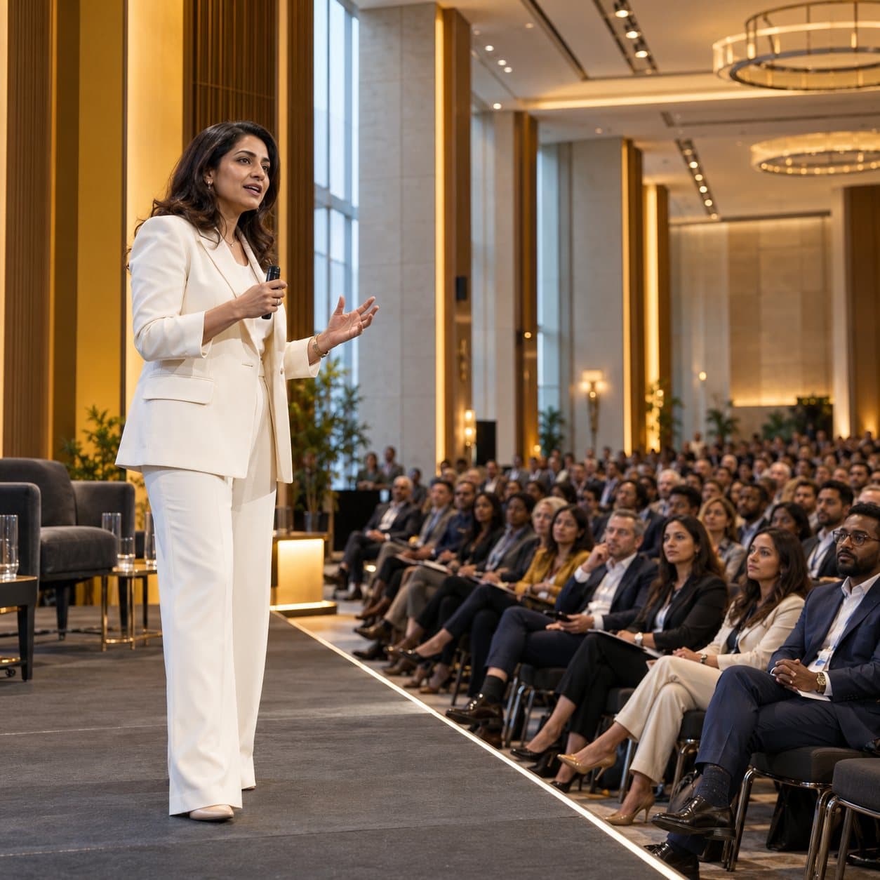 A speaker addressing delegates at a business event