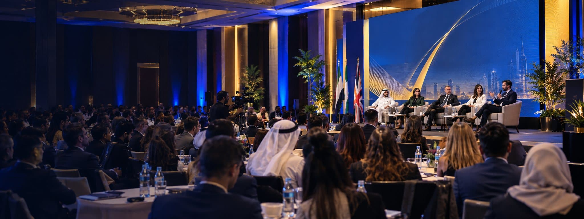 A full summit hall facing a panel on stage