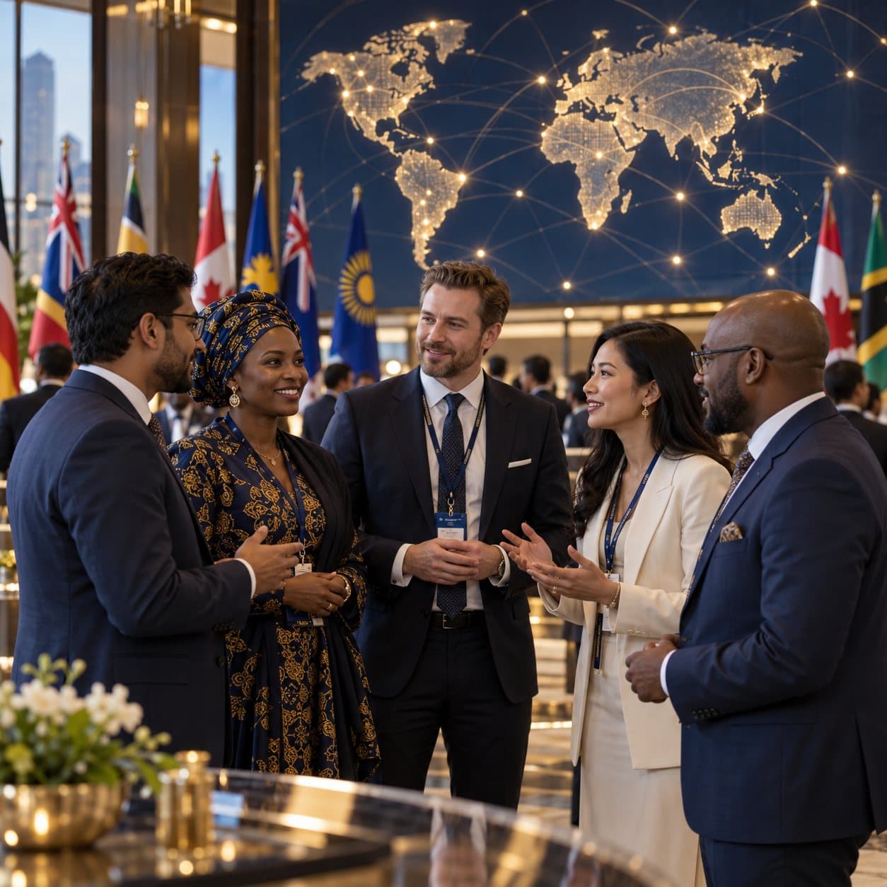 Entrepreneurs from across the Commonwealth meeting in front of a world map
