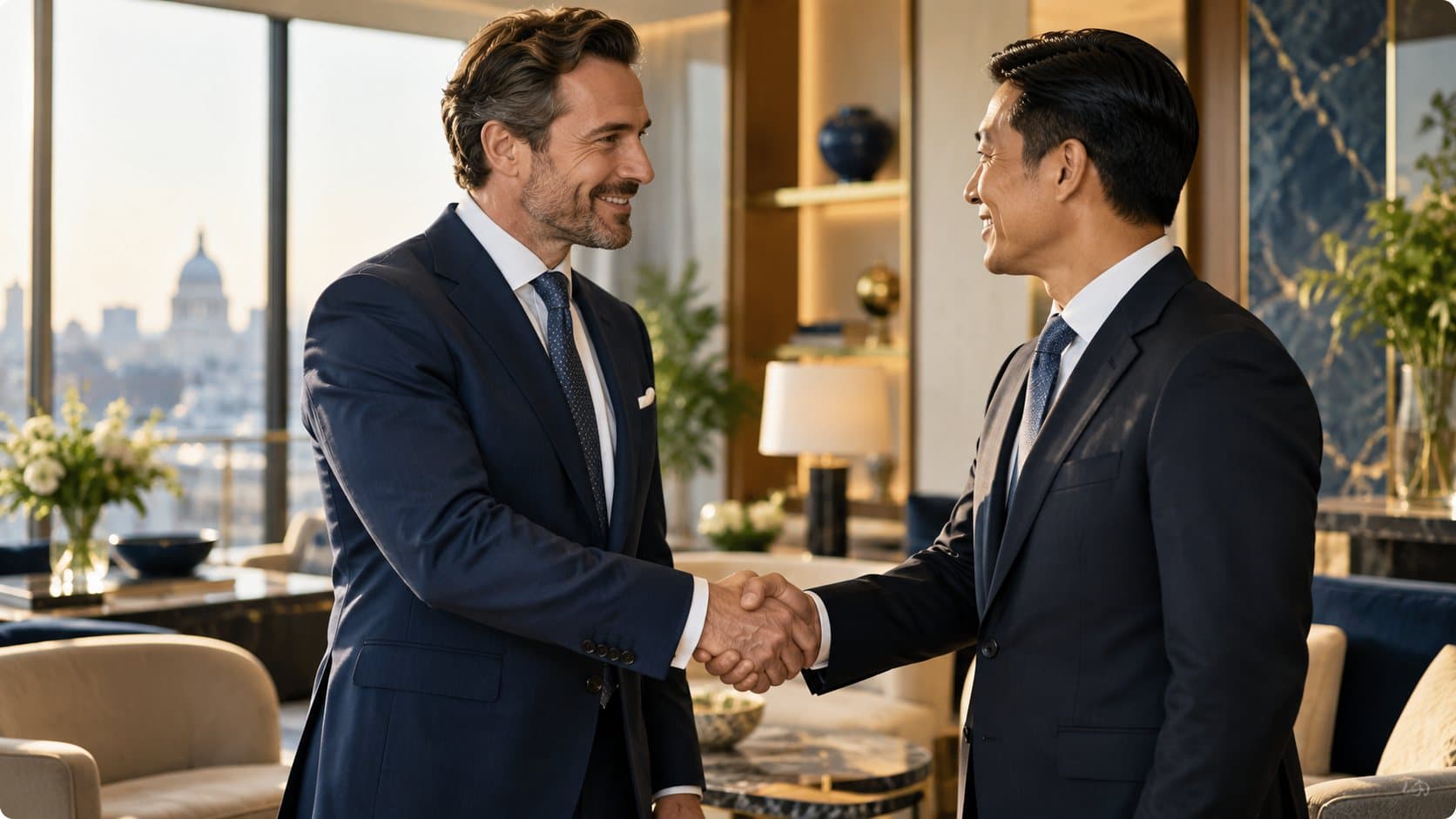 Two business partners shaking hands at a meeting