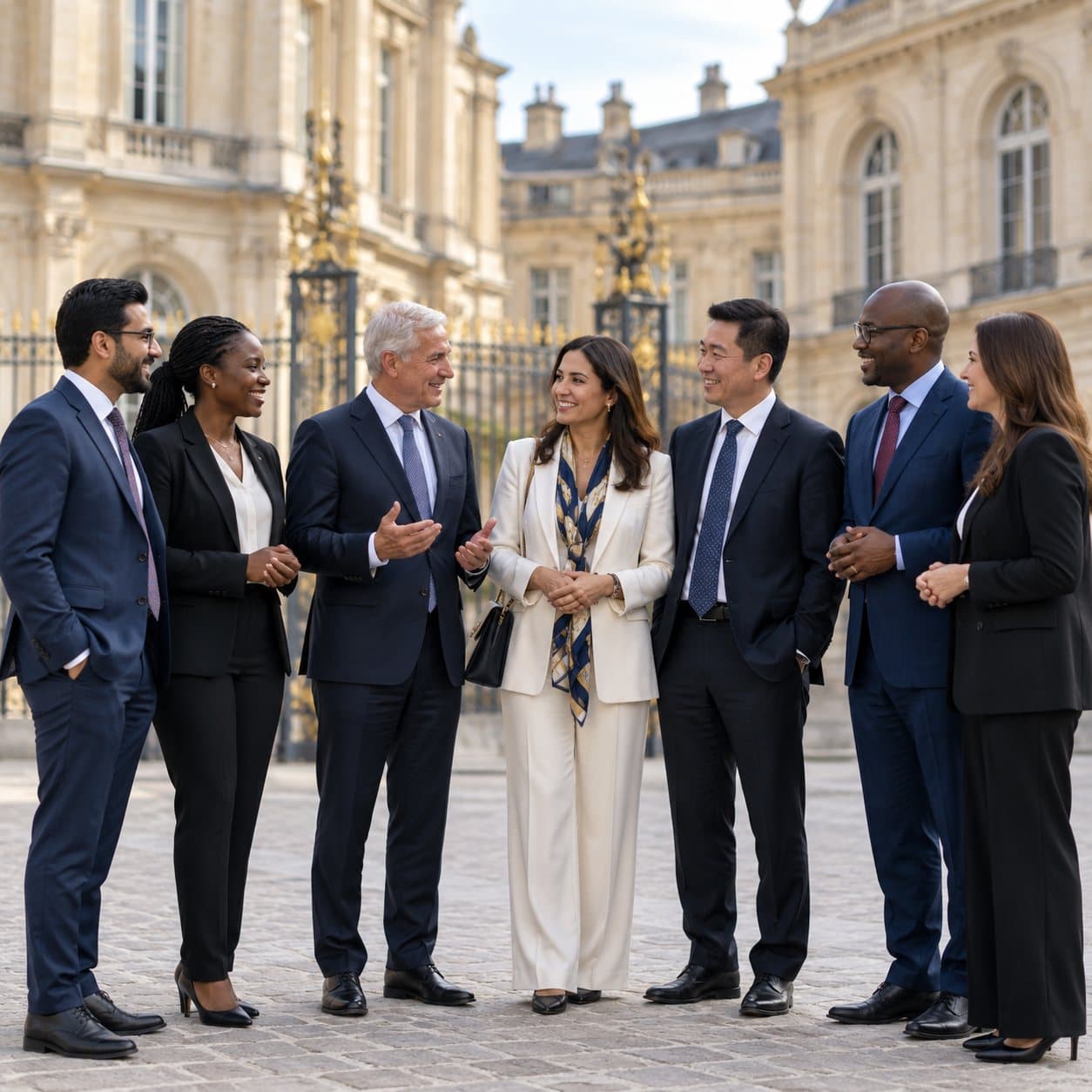 Delegates from many countries together outside a historic venue