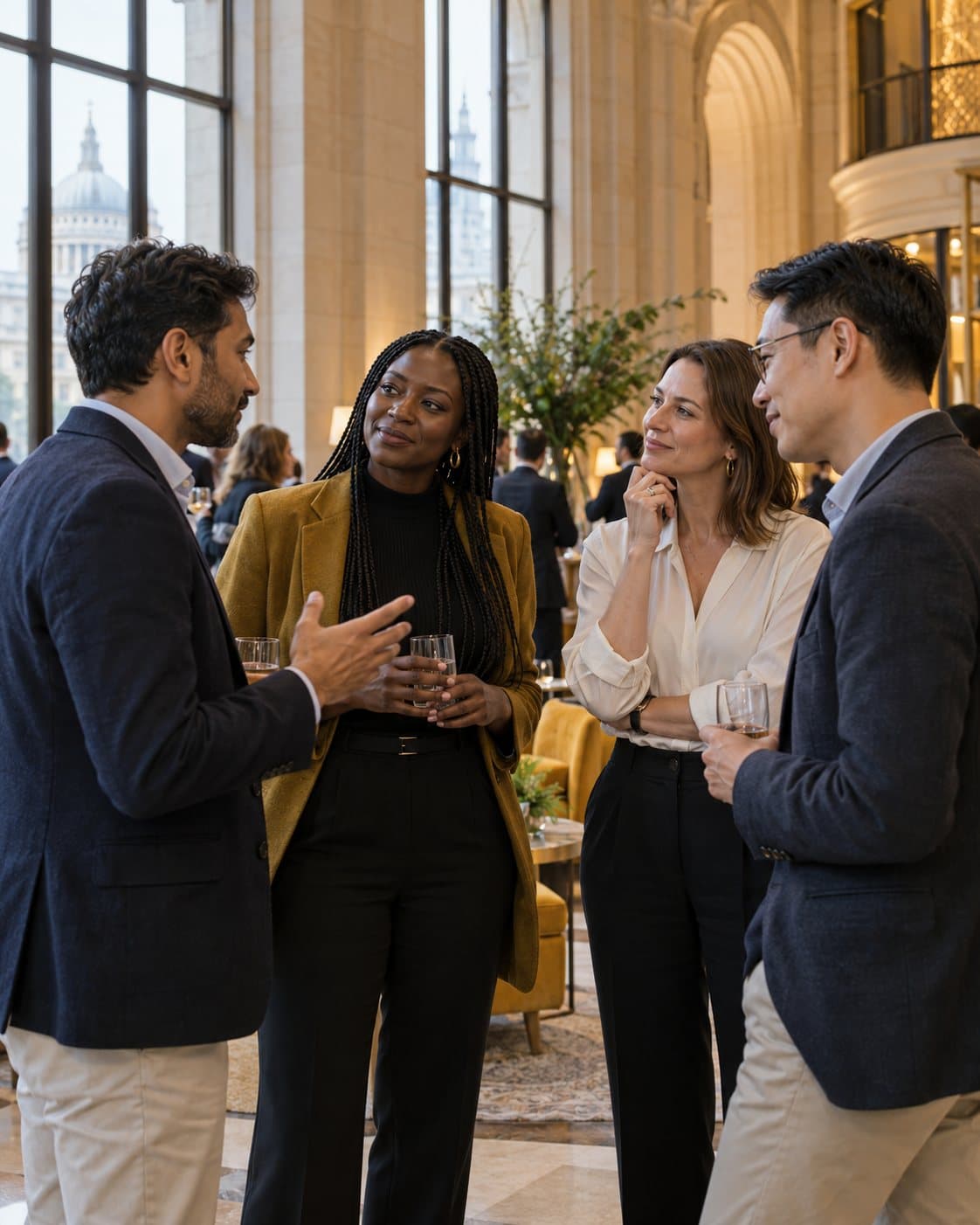 Entrepreneurs in conversation at a networking reception