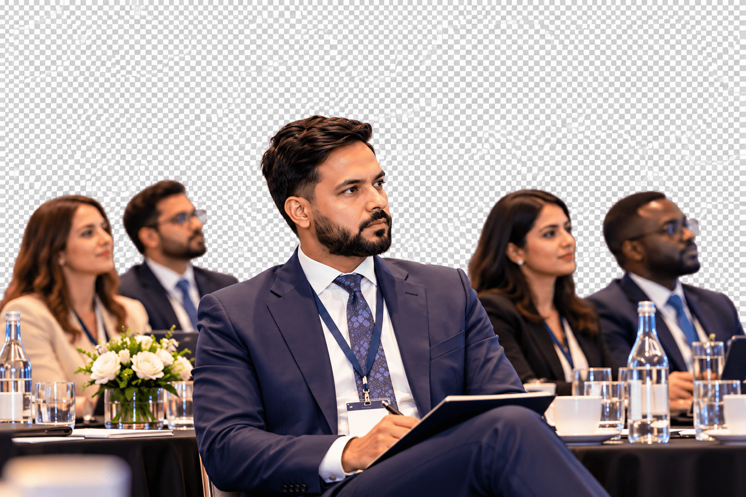 A delegate taking notes during a session