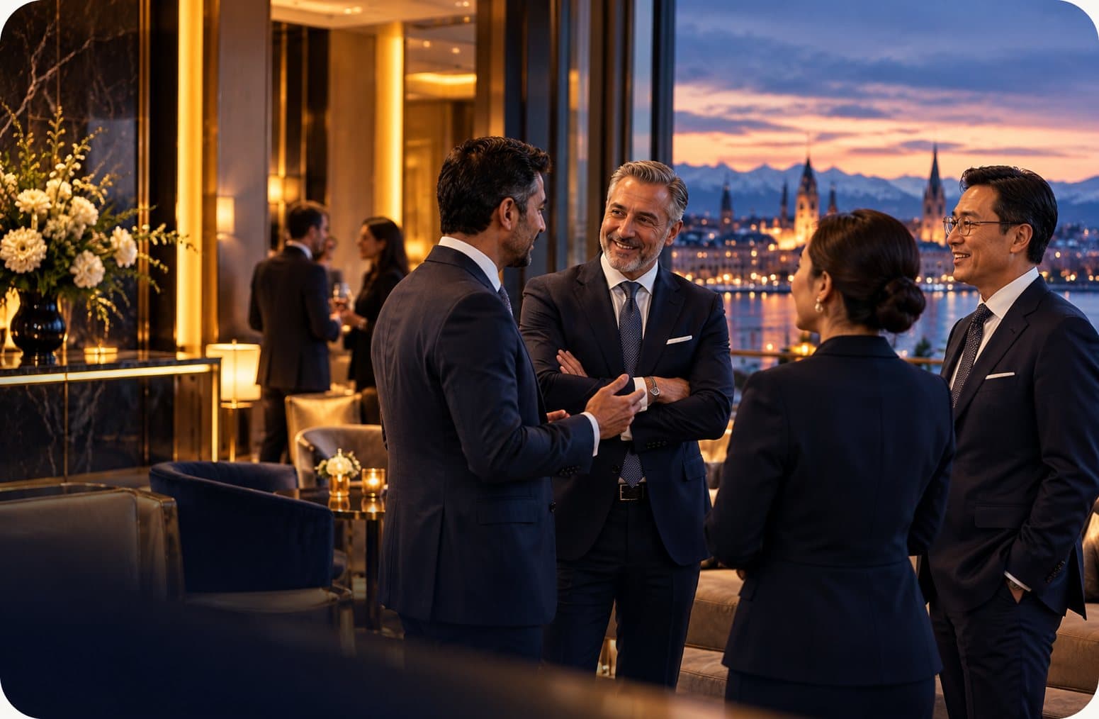Business leaders in conversation at an evening reception
