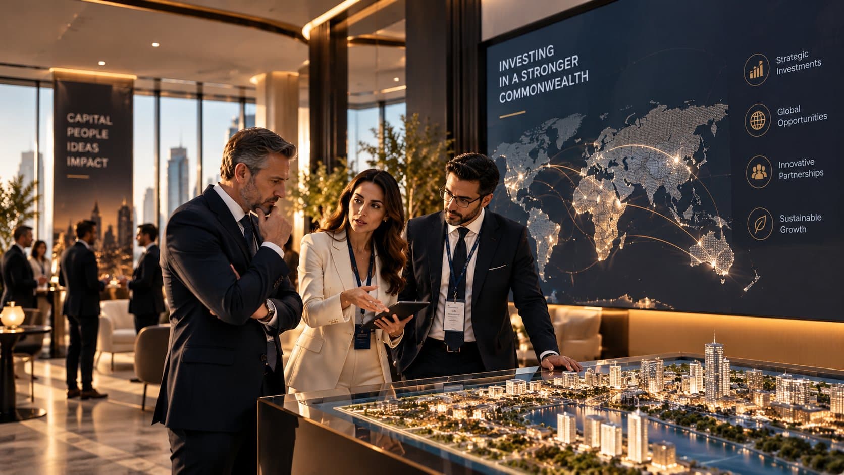 Investors reviewing opportunities beside a world map display
