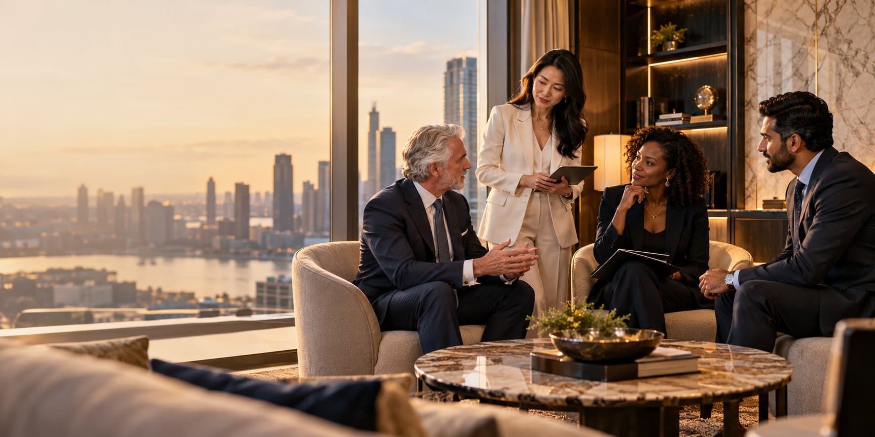 Professional advisers meeting clients in a lounge